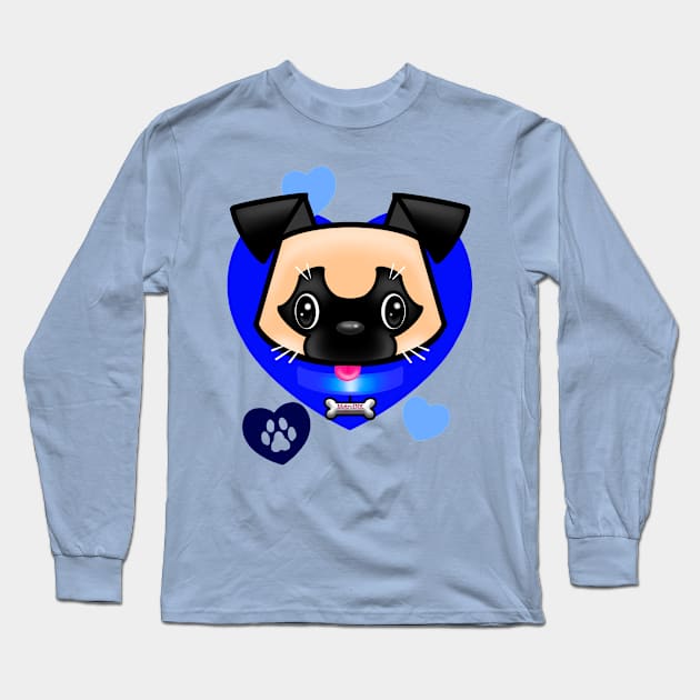 Pug Love Blue Long Sleeve T-Shirt by MetroInk